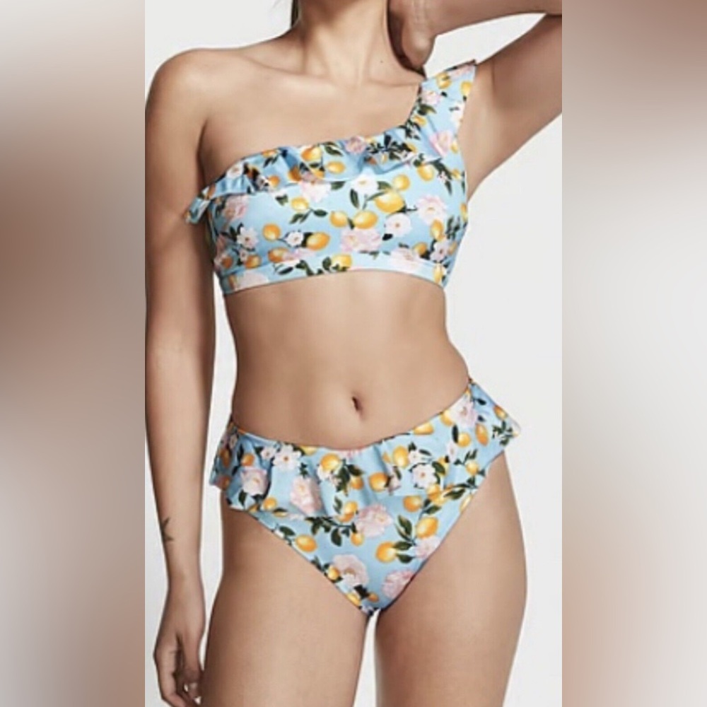Victoria’s Secret Blue Lemon Ruffle One Shoulder Swim Top and Bottoms Bikini Set